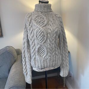 Moda Size Med Fisherman Chunky Cropped Marled Wool Blend Cable Knit Sweater